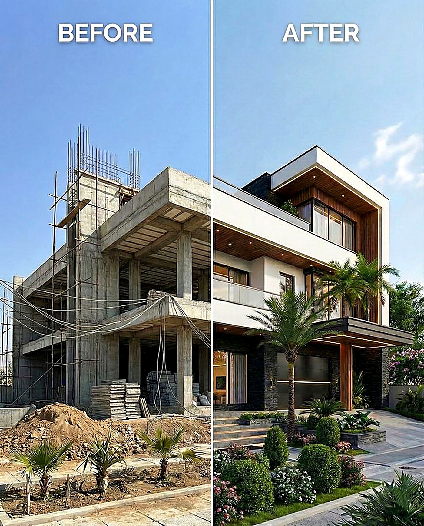 Before and after comparison of a modern villa renovation